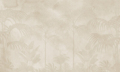 Watercolor Botanical Wall Mural in Beige Tones   Elegant Tropical Leaves Background for Interiors © csinie1