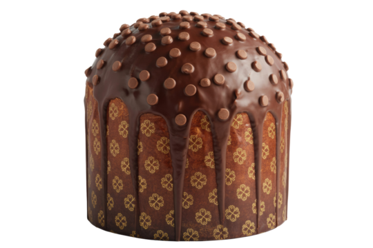 A delectable chocolate-drizzled panettone topped with chocolate chips, presented in elegant patterned wrapping, perfect for festive occasions. background removed