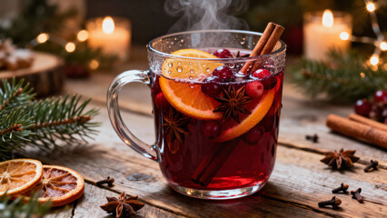 Hot mulled wine with cinnamon and orange slices on wooden table  