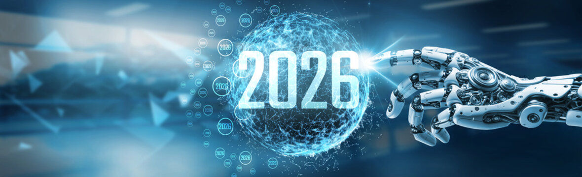 A futuristic robot hand interacts with a glowing digital sphere displaying the year 2026, symbolizing AI-driven future technology, innovation, and technological advancement.