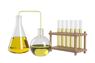 Laboratory experiment setup with Erlenmeyer flask, round-bottom flask, and test tubes, connected by a tube, all containing a yellowish liquid. background removed