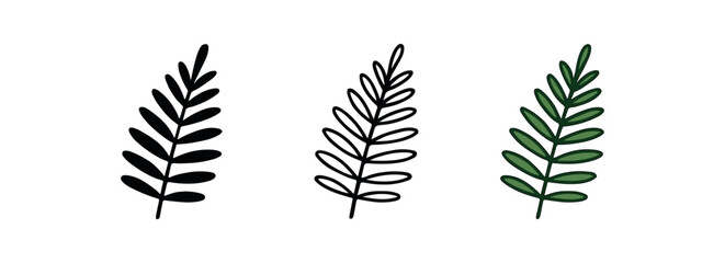 fern leaf frond icon on white background Black silhouette flat icon outline icon and colored icon style. three minimal vector icon style