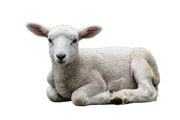 Fototapeta premium An adorable fluffy white lamb with soft wool lies peacefully, gazing forward. Young farm animal isolated on transparent background. background removed