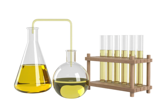 Laboratory experiment setup with Erlenmeyer flask, round-bottom flask, and test tubes, connected by a tube, all containing a yellowish liquid. background removed