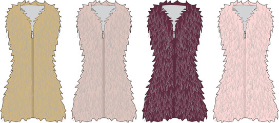Collection of stylish sleeveless faux fur vests in diverse colors. Features a shaggy texture and front zipper, ideal for fashion design and modern apparel concepts