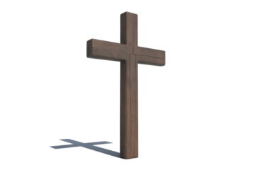 A weathered, brown wooden Christian cross stands prominently with its shadow cast on the green ground. A symbol of faith and spirituality. background removed