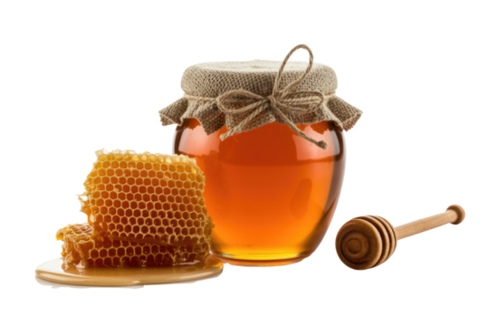 Golden honey in jar, rustic lid, fresh honeycomb dripping nectar, wooden dipper. Evokes pure, natural, sweet goodness. background removed