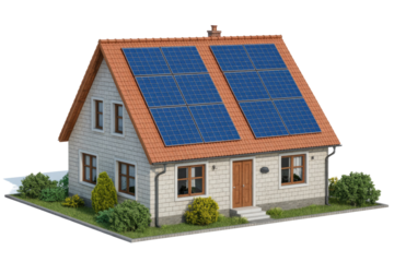 A white brick house with a red tile roof, featuring numerous blue solar panels. This energy-efficient home promotes sustainable living and renewable power. background removed