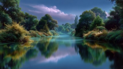 Serene Riverbend Panorama: Lush Forest Reflection, Misty Dawn Light, Tranquil Nature Scape