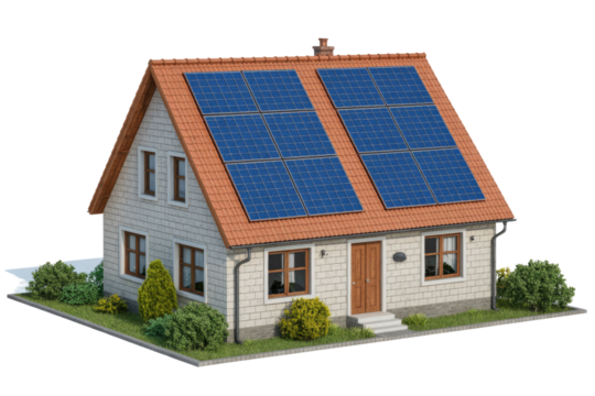 A white brick house with a red tile roof, featuring numerous blue solar panels. This energy-efficient home promotes sustainable living and renewable power. background removed