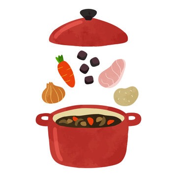 赤い鍋とカレーの材料　水彩風手描きベクターイラスト