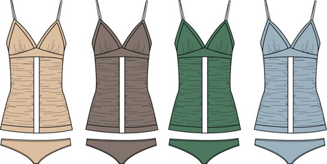 Women's camisole and panties lingerie set in multiple colorways. Fashion technical flat sketch illustration for apparel design and clothing production. Sleepwear template vector collection