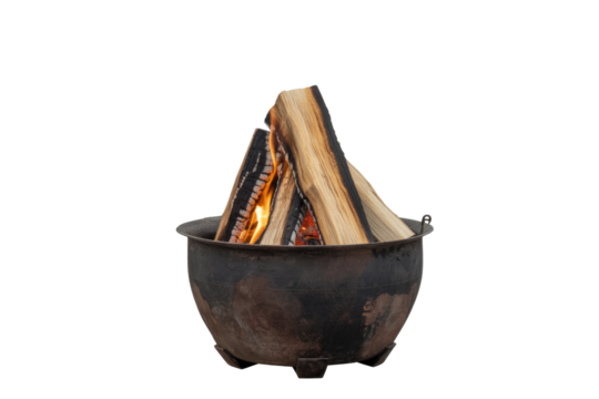 A rustic cast iron fire pit contains burning logs with warm flames and glowing embers, ideal for outdoor warmth and ambiance. background removed