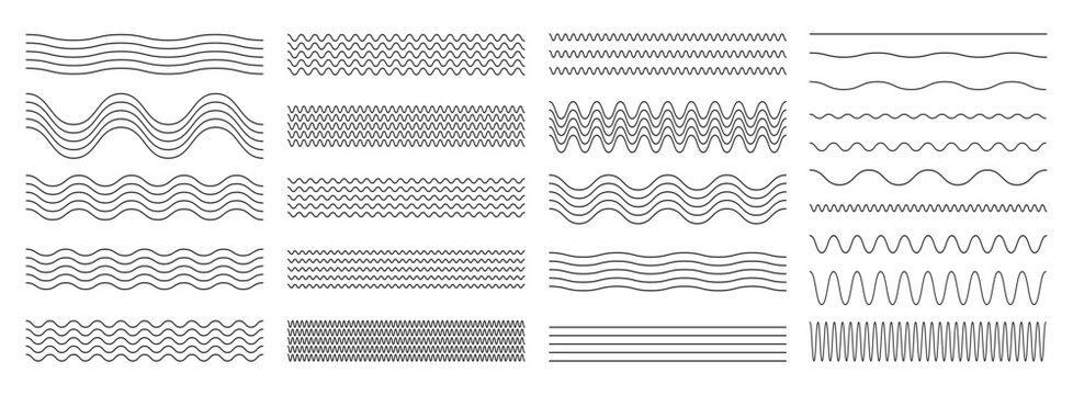 Corrugated Waves line set. Isolated zigzag, Wave ornament pattern, horizontal underline, wavy, billowy, thin line background. Vector illustration. Not AI