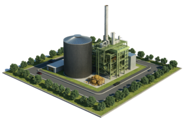 Isometric rendering of a modern biomass energy plant with a large silo, industrial building, chimney, and wood chips, illustrating renewable power generation. background removed