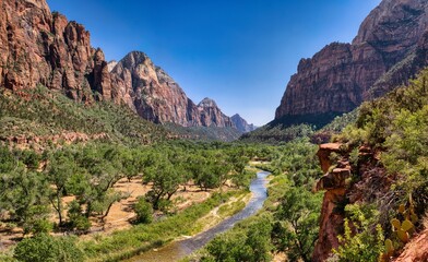 Beautiful scenery in Zion National Park. Pure nature in Zion, Utah. Red mountain landscape. One of the most beautiful national parks in the USA. Road trip in America. High quality photo.
