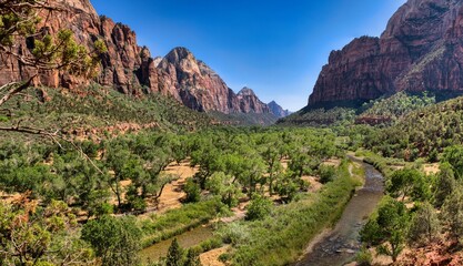 Zion National Park in Utah. Wonderful views of the Red Rocks and Angels Landing. Hiking in one of the most beautiful national parks in the USA. HDR. High quality photo.