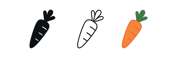 carrot root veggie icon on white background Black silhouette flat icon outline icon and colored icon style. three minimal vector icon style