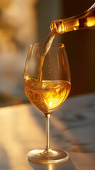 Obraz premium Golden white wine poured into glass sunset lighting warm glow celebration evening drinks refreshment
