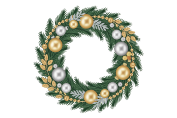Elegant Christmas wreath adorned with lush green pine, shimmering gold and silver baubles, delicate beads, and golden leaves for festive celebration. background removed