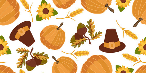 Festive seamless pattern with pumpkins, wheat ears, sunflowers, acorns and pilgrim hat. Cozy autumn background for Thanksgiving design, textile, wrapping paper and seasonal decor.