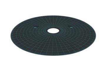 A dark circular graphic with a blue grid pattern and a central hole, featuring two small light blue markers, resembling a digital interface or futuristic radar display. background removed