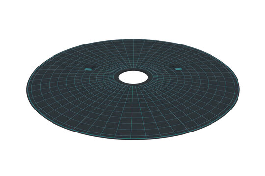 A dark circular graphic with a blue grid pattern and a central hole, featuring two small light blue markers, resembling a digital interface or futuristic radar display. background removed