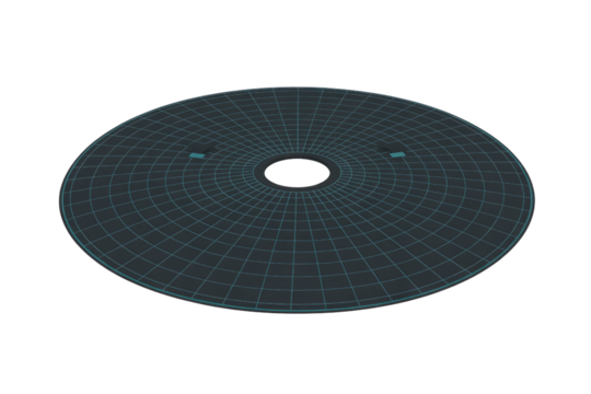 A dark circular graphic with a blue grid pattern and a central hole, featuring two small light blue markers, resembling a digital interface or futuristic radar display. background removed