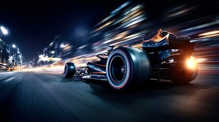 Naklejka premium Formula 1 race car speeding on city track at night