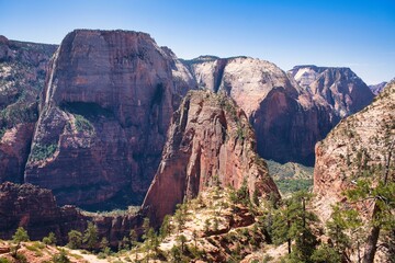 Zion National Park with a view of Angels Landing. Hiking in a beautiful landscape in the state of Utah. High quality photo