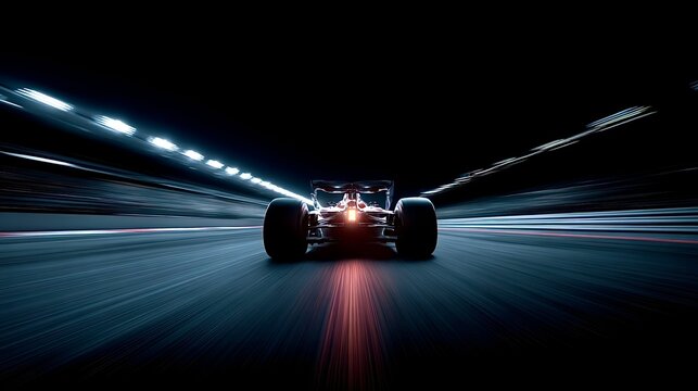 Formula 1 race car speeding on track at night