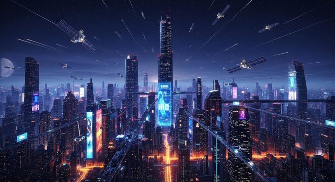 Vibrant Futuristic Cityscape at Night with Flying Vehicles and Satellites