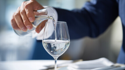 Professional pour of clear liquid into a wine glass during hospitality training service event
