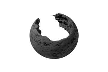 A dark, textured, and broken spherical object with rough edges, appearing like a weathered stone or concrete ring, against a solid transparent background. background removed