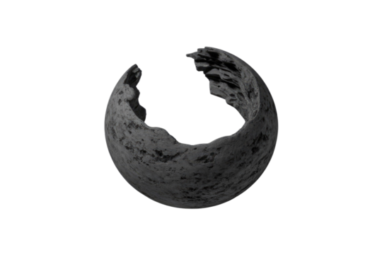 A dark, textured, and broken spherical object with rough edges, appearing like a weathered stone or concrete ring, against a solid transparent background. background removed