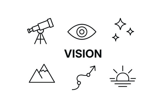 outline vector icon 6 isolated on white background minimal black monochrome style flat vector icon illustration central bold title text surrounding icons: telescope eye stars mountain arrow