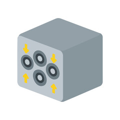 Obraz premium A grey cube with circular openings and directional arrows.
