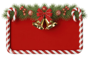 Festive red rectangular frame, candy cane border, pine, berries, ornaments, golden bells, red bow. Ideal for holiday messages. background removed