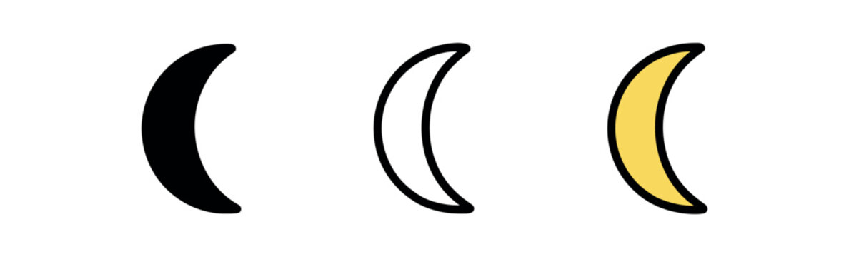 moon half crescent icon on white background Black silhouette flat icon outline icon and colored icon style. three minimal vector icon style