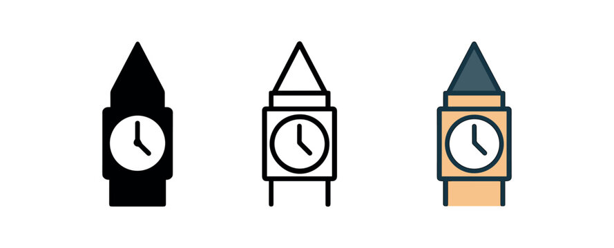 clock tower face icon on white background Black silhouette flat icon outline icon and colored icon style. three minimal vector icon style