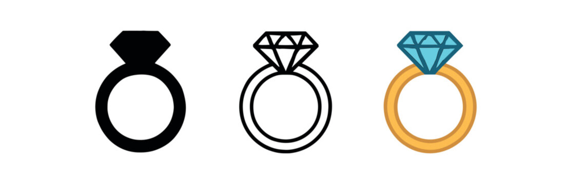 ring diamond band icon on white background Black silhouette flat icon outline icon and colored icon style. three minimal vector icon style