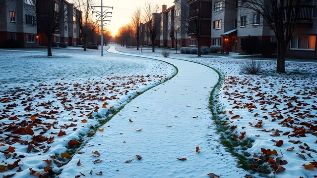 낙엽쌓인 거리위로 눈이 쌓여있다Snow is piled up on the street where fallen leaves are piled up