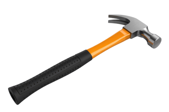 A classic claw hammer featuring a polished metal head, vibrant orange shaft, and ergonomic black rubberized grip for construction and DIY tasks. background removed