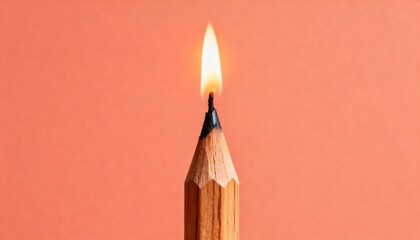 A close-up studio shot shows a pencil with a flame burning at its tip