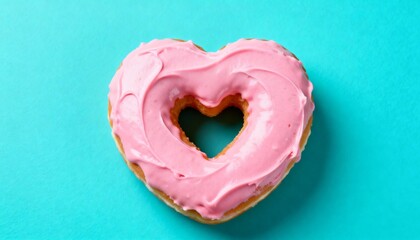 A heart-shaped donut with pink frosting is centered on a bright blue b