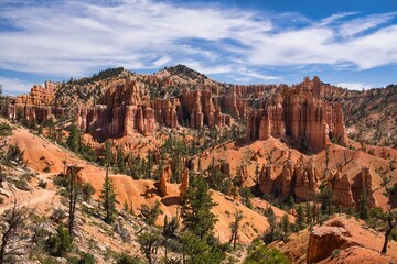 red hoodoo canyon trail winding through sunlit sandstone amphitheater under vivid blue sky, sparse juniper and pine dot orange slopes, pristine hiking