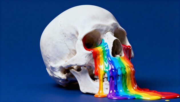 A studio shot of a skull with rainbow paint dripping from the eye sock