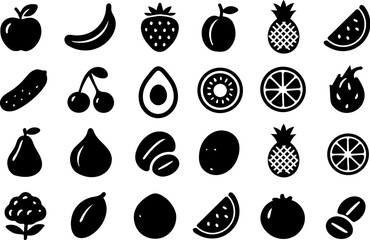 Collection of various fruit and food item silhouettes in a grid pattern isolated on white background