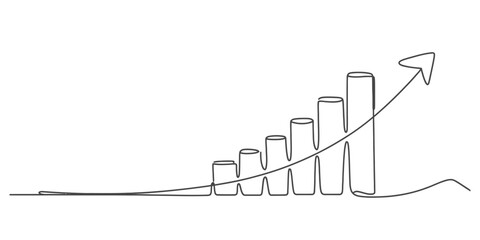 Abstract continuous line drawing illustrating upward trend bar chart with ascending arrow vector