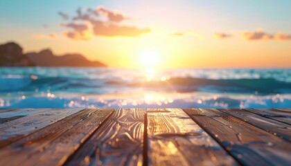 Obraz premium Sunset view over calm ocean waves from wooden deck serene beach environment tranquil nature scene beautiful horizon perspective